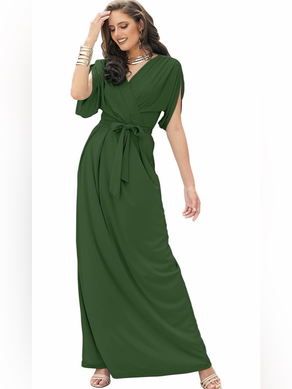 NWT Elegant Olive Green Wrap Maxi Dress with Tie Waist, Medium